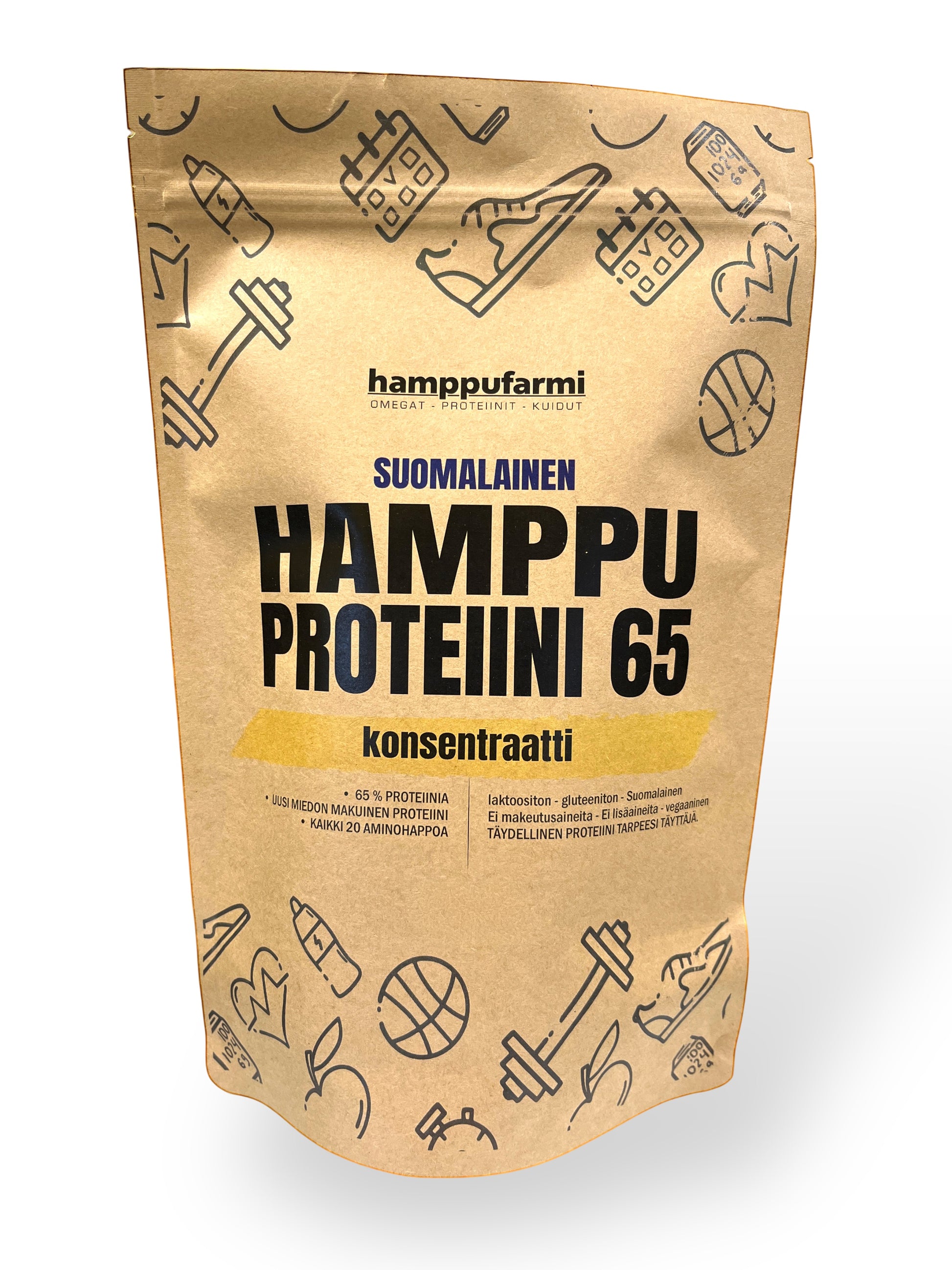 HamppuFarmi Finnish hemp protein concentrate powder, 65% protein, mild taste, vegan, gluten-free.