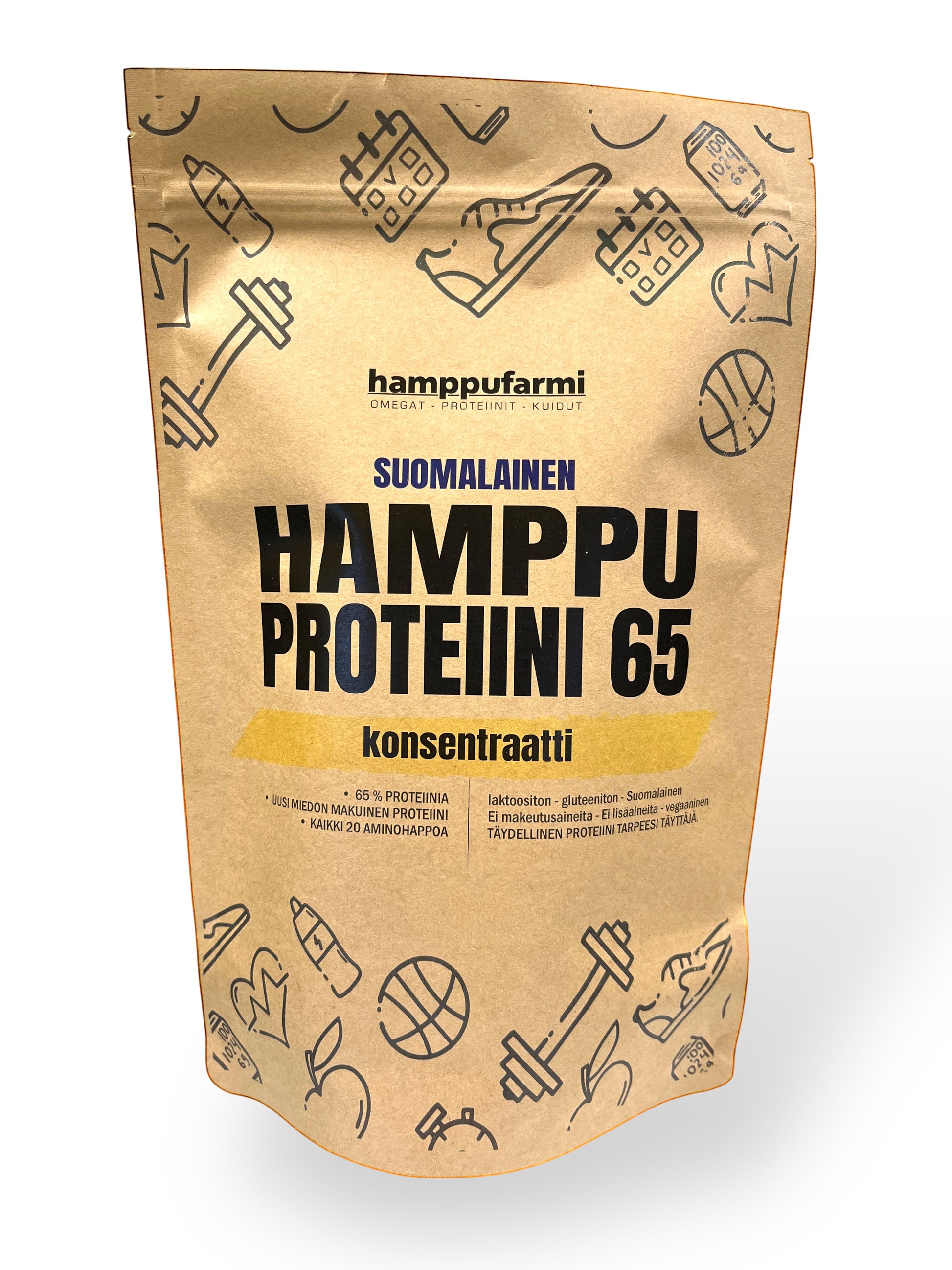 HamppuFarmi Suomalainen HamppuProteiini 65 concentrated powder, 65% protein, mild taste, all 20 amino acids.
